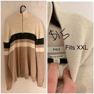 Men's Beige and Black Zip-Up Sweater